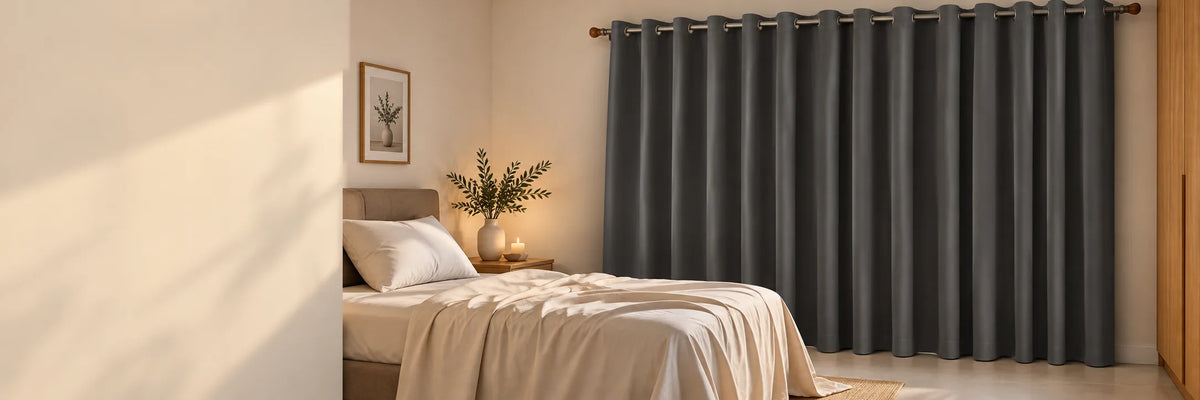 Cortina blackout cinza em quarto com luz natural