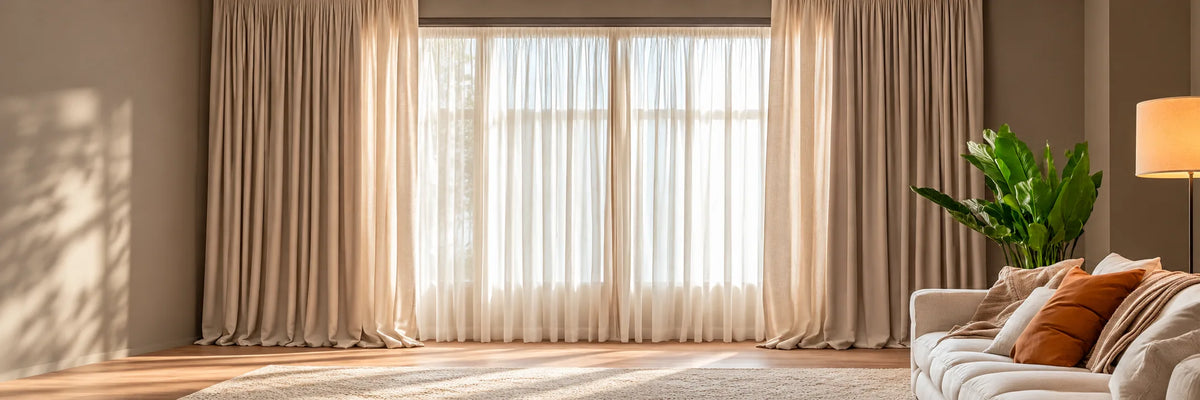 Cortina decorativa bege com voal em sala iluminada